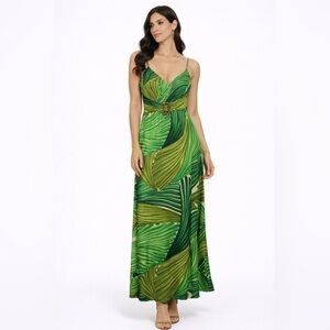 Bisou Bisou Green Leaf Print Maxi Dress with Belt. Size 12. NWT